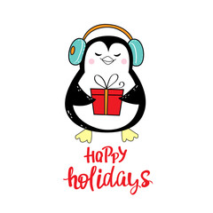 Penguin with a gift and an inscription Happy Holidays. Vector cartoon illustration isolated