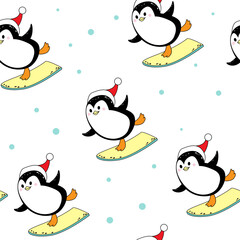 Winter penguins for winter holidays. Skiing, snowboarding seamless pattern. Vector illustration