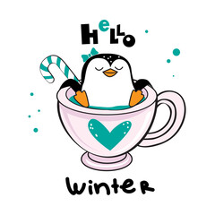 A funny penguin lies in a pink cup and the inscription hello winter. Vector illustration for christmas and new year