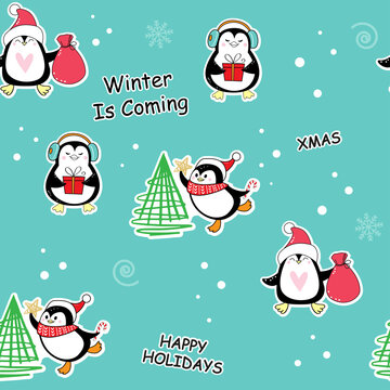 Collection of stickers with Christmas penguins seamless pattern. Vector illustration for winter holidays