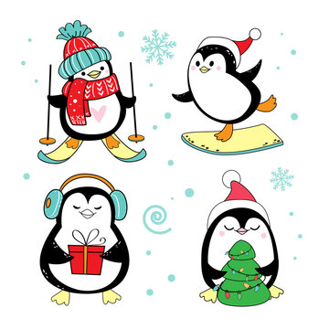 Winter penguins for winter holidays. Skiing, snowboarding, with a Christmas tree. Vector illustration collection