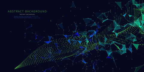 Abstract technology background with polygonal grid analyze. Analytics algorithms data. Quantum computing concept.  Banner for business, science and technology.