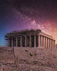 Obraz premium Parthenon ancient Greek temple on Acropolis of Athens Greece under starry night sky