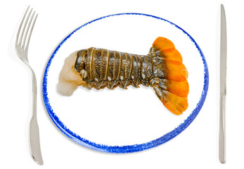 Queue de langouste crue dans une assiette 