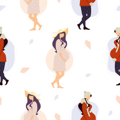 Seamless pattern with pregnant girl. Happy women in winter and summer clothes on white background. Vector illustration. Maternity and female health concept for packaging, wallpaper, decor