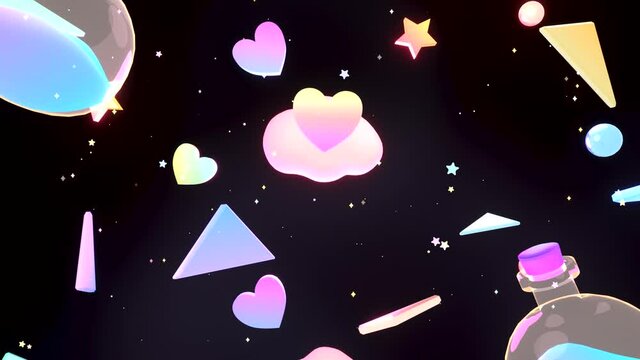 Looped magic love potions floating in the air with cartoon clouds, hearts, stars, and glossy gradient triangles animation.