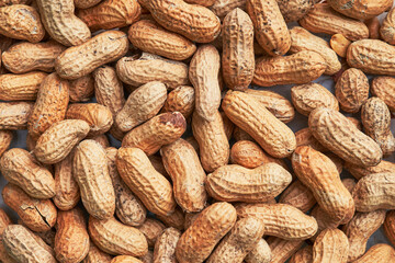 Healthy roasted unpeeled peanuts. Brown nuts texture