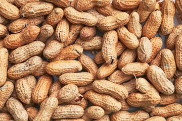 Healthy roasted unpeeled peanuts. Brown nuts texture