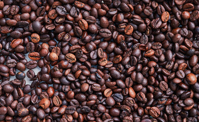 Brown and black coffee beans. Roasted arabic espresso coffee grains.