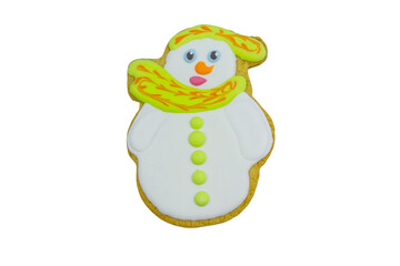 Christmas gingerbread cookie made in shape of snowman isolated on white background