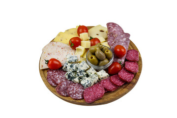 Antipasti platter with olives, cherry tomatoes, assortment of italian salami and cheese isolated on white background