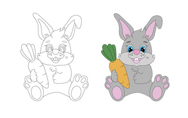 Bunny with a carrot children's page coloring with an example. Vector illustration.
