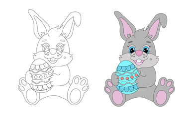 Bunny with an Easter egg children's coloring with an example. Vector illustration.