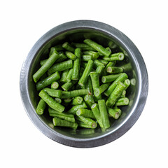 Kacang panjang or yardlong bean, chunks of string beans in a metal container, isolated on a white background