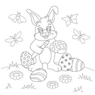Bunny coloring easter eggs childrens coloring page vector illustration
