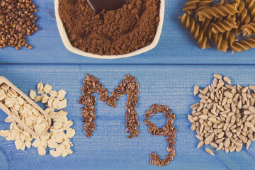 Inscription Mg and natural ingredients containing magnesium, vitamins and minerals. Healthy nutrition