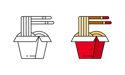 Wok noodles icon. Linear and color vector of chinese noodles in red paper box with chopsticks. Contour isolated pictogram on white background