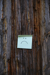 paper sticker with a sad smile glued to the trunk of a raw tree on a dark forest background