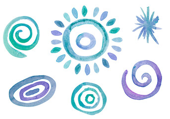 Abstract multi-figure watercolor set of elements. Template for decorating designs and illustrations.
