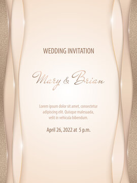 Vector abstract shiny luxury wedding invitation in paper cut style with golden lines, glitter and copy space. Elegant multi-layered modern card template on a background in beige and brown colors
