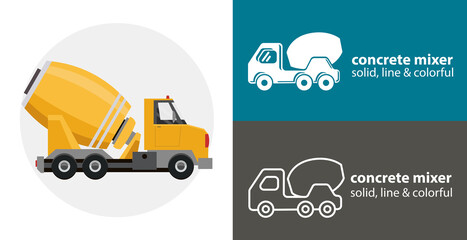 Concrete mixer truck isolated vector flat icon. mixer truck line solid design element