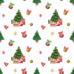 Pattern. Christmas tree with gift boxes. The image is hand-drawn and isolated on a white background. Watercolor.