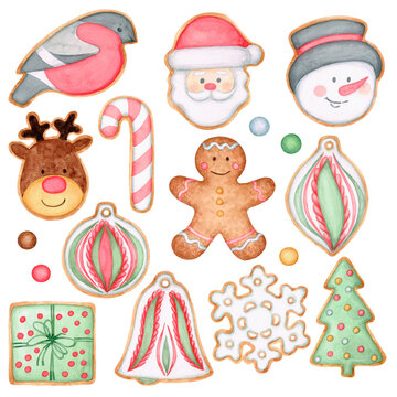 Set. Christmas ginger cookies. Christmas decorations, Santa, snowman, bullfinch, gingerbread man, deer. The image is hand-drawn and isolated on a white background. Watercolor.