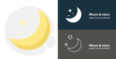 moon star flat icon, with moon simple, line icon