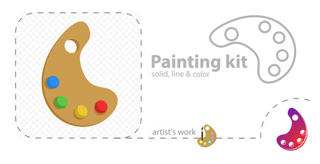 Color palette with brush. Paint palette. Paints palette vector flat illustration, solid, line icon