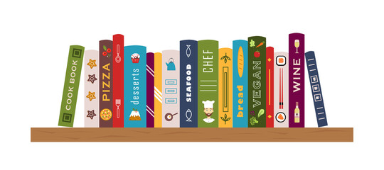 Bookshelf with cook books, recipe books. Shelf with books about cooking, food and drinks. Pizza, bread, wine, vegatables, chef. Banner for library, bookstore, book shop. Vector illustration.