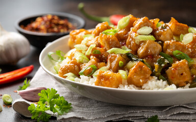 General Tso Tofu with rice, green onion and pak choi. Asian Vegan Food