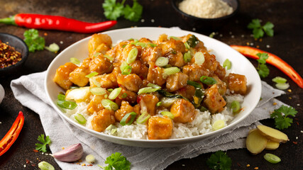 General Tso Tofu with rice, green onion and pak choi. Asian Vegan Food