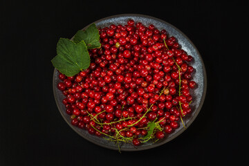 Red currants in a ceramic bowl on a black background