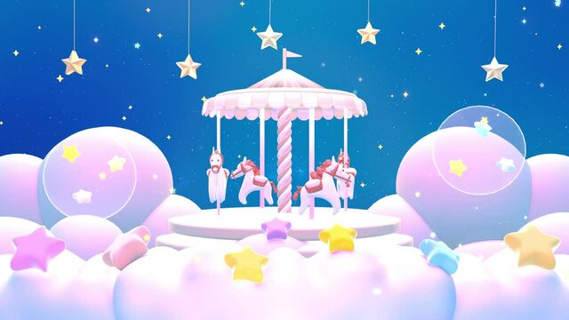 Looped sweet carousel world with hanging stars at night animation.