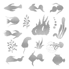 Set of marine silver animals  and flora isolated on a white background. Illustrations of animal ocean for textiles, cards or prints.