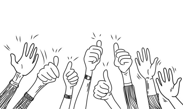 hand drawn of hands up, clapping ovation, applause, thumbs up gesture on doodle style. vector illustration