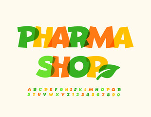 Vector creative logo Pharma Shop. Watercolor Modern Font. Bright Artistic Alphabet Letters and Numbers