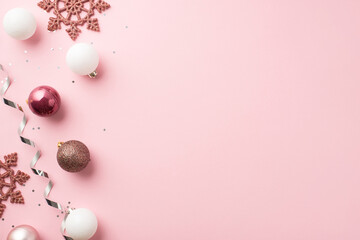 Top view photo of christmas decorations pink and white balls snowflakes silver serpentine and shiny sequins on isolated pastel pink background with blank space