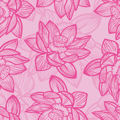 Fototapeta na wymiar Vector pink lotus flower outlines monochrome repeat pattern 07. Suitable for textile, gift wrap and wallpaper.