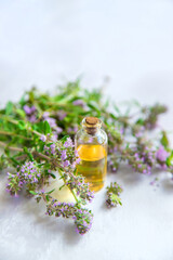 Thyme essential oil in a small bottle. Selective focus.