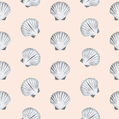 Seamless pattern of seashells made using stencil technique on a misty rose background. For fabric, sketchbook, wallpaper, wrapping paper.