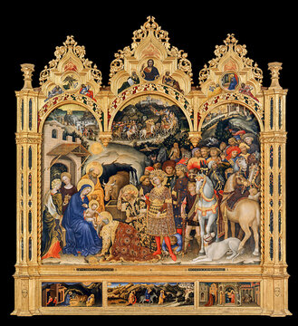 Gentile da Fabriano, Adoration of the Magi Altarpiece, 1443, tempera and gold on wood panel. Uffizi Galeries, Florence, Italy