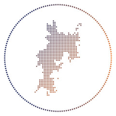 Fototapeta premium Komodo digital badge. Dotted style map of Komodo in circle. Tech icon of the island with gradiented dots. Charming vector illustration.