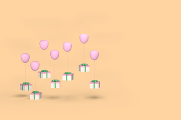 3d render gift boxes hanging on pink balloons