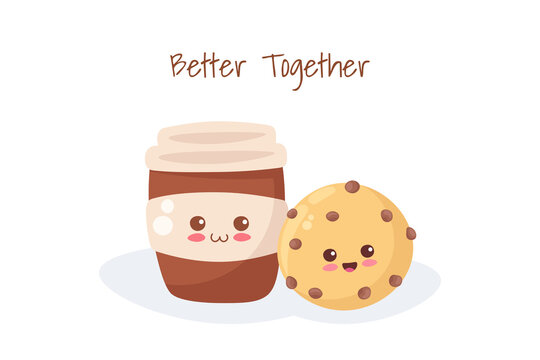 Kawaii illustration of Cup of Coffee and Cookie with Chocolate Chips isolated on white background. Cute happy vector food. Sweet cartoon characters for greeting card, print, poster, children menu.