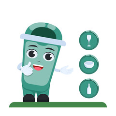 Glass trash can character, green color white background