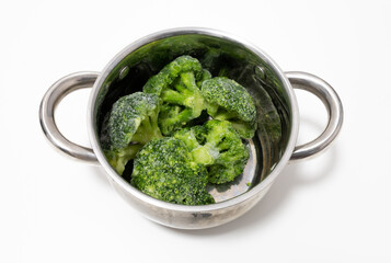 Cooking pot with frozen small pieces of broccoli