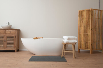 Designed bathroom, Italian style bathtub, round bathtub, shower towels, black towels, Light design...