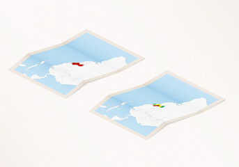 Two versions of a folded map of Guyana with the flag of the country of Guyana and with the red color highlighted.