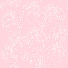 Woman and flowers seamless pattern on a pink background. Vector illustration female portrait. One line drawing modern trend. Fashion and beauty